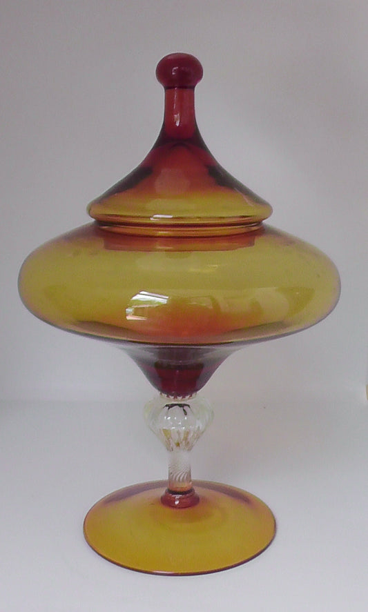 Vintage Mid-Century Large Amber Empoli Glass/Apothecary/Bonbon Jar and Cover