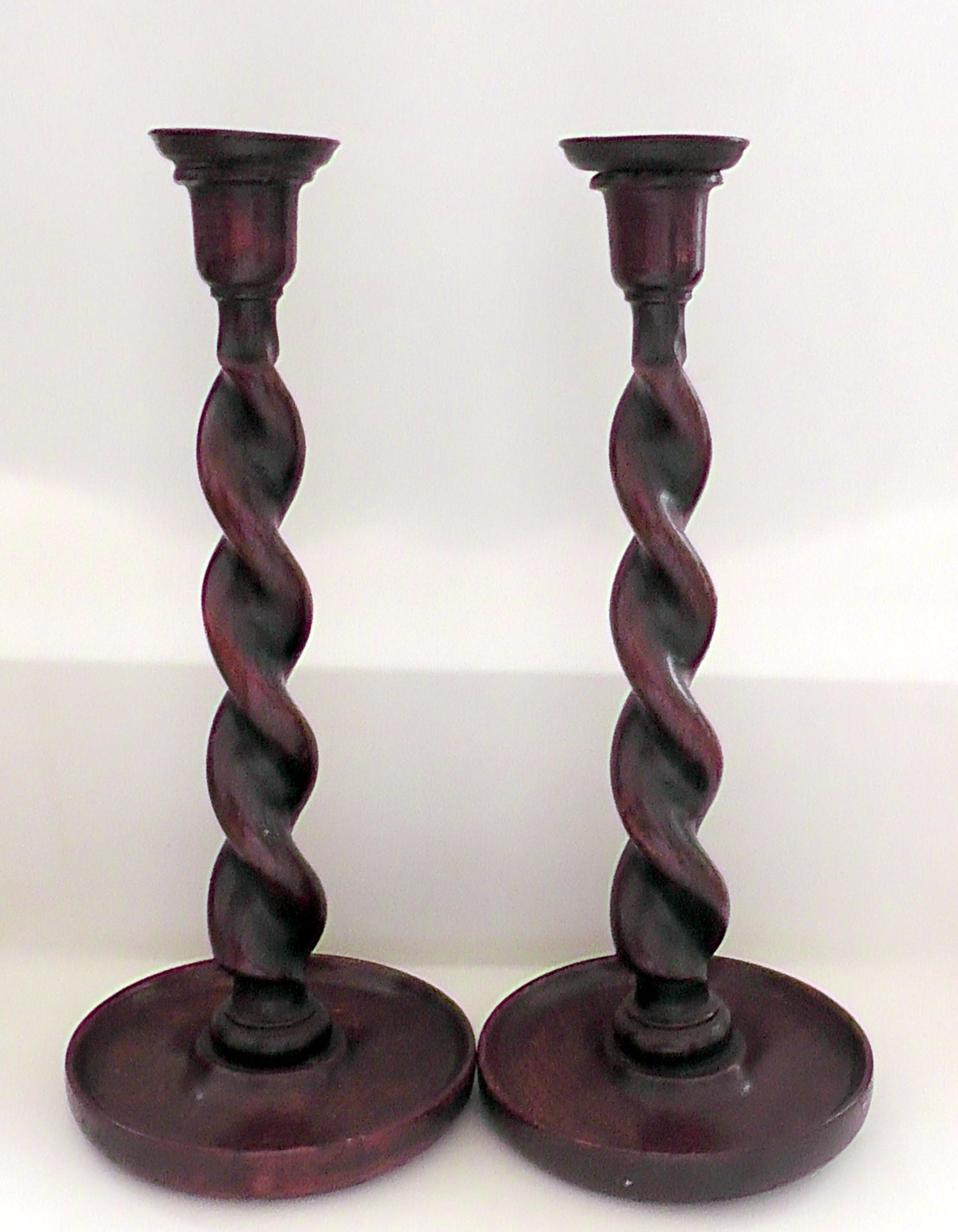 Pair of Arts & Crafts Oak Barley Twist Candlesticks Circa 1910