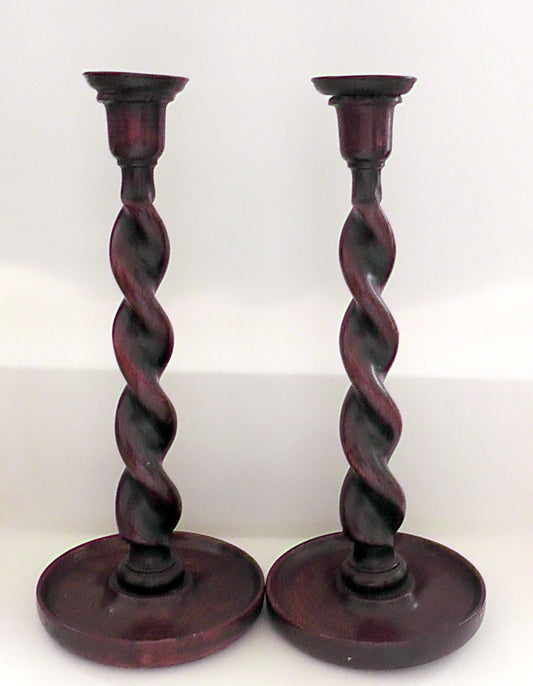 Pair of Arts & Crafts Oak Barley Twist Candlesticks Circa 1910