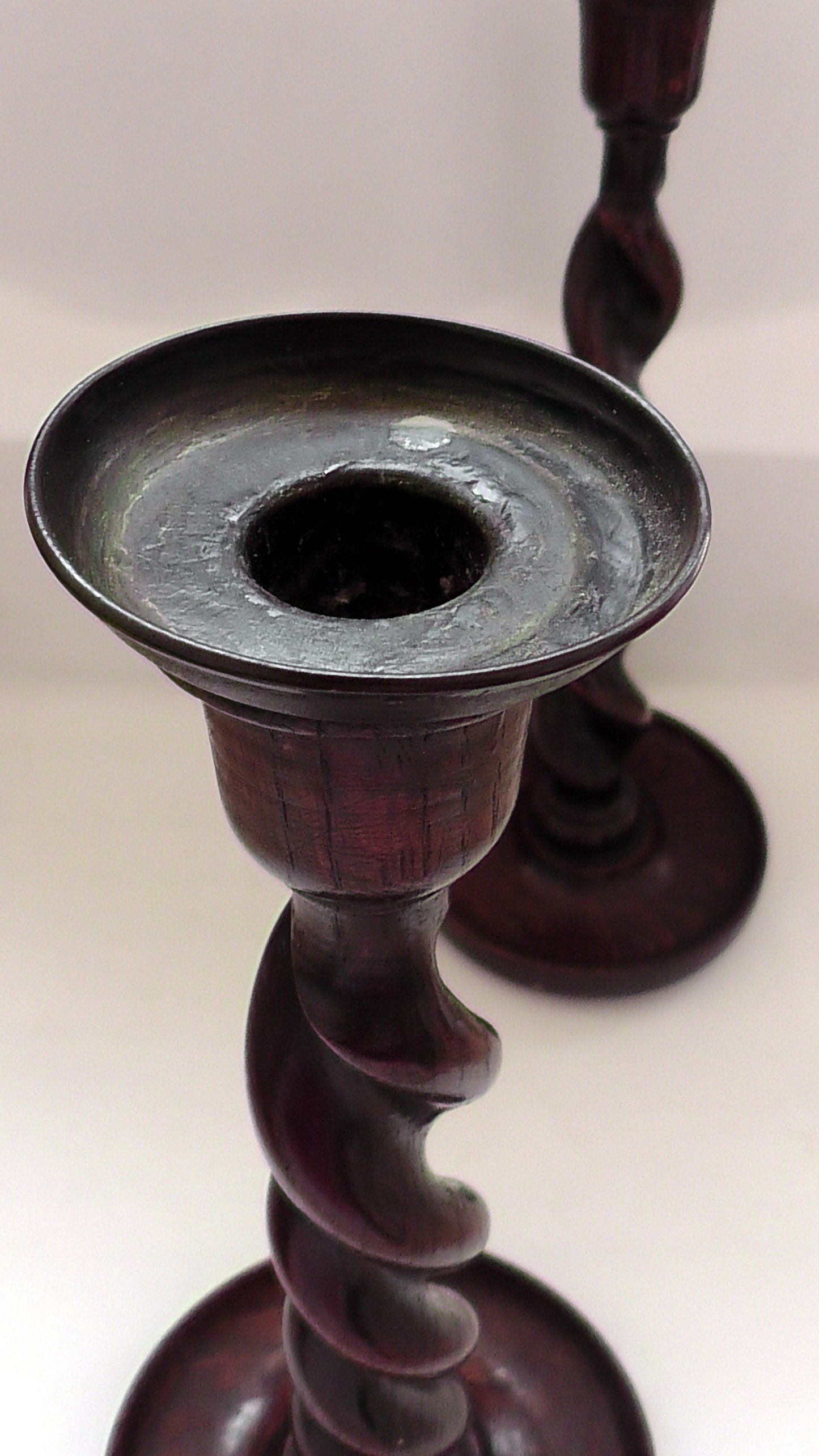 Pair of Arts & Crafts Oak Barley Twist Candlesticks Circa 1910
