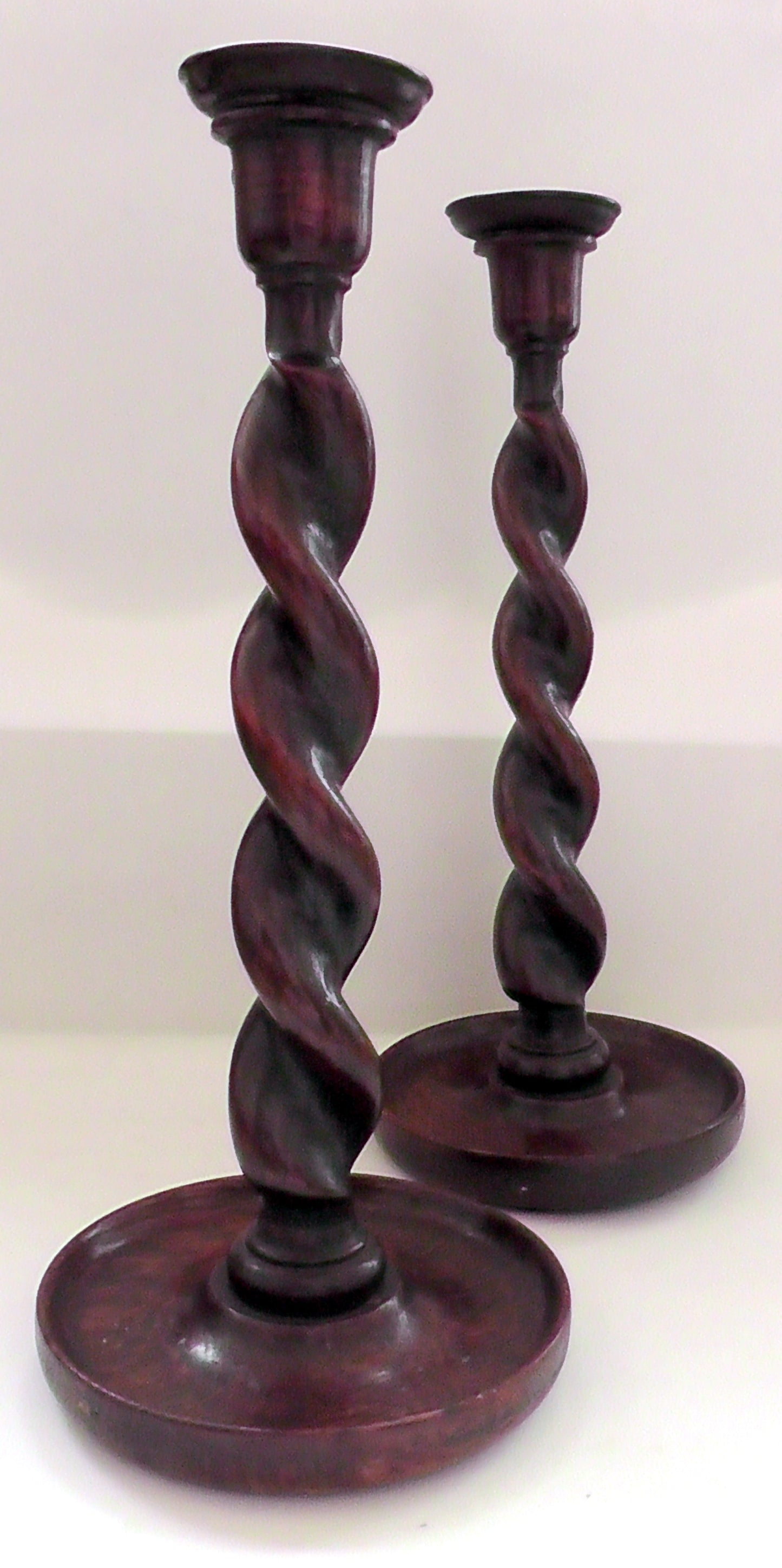 Pair of Arts & Crafts Oak Barley Twist Candlesticks Circa 1910