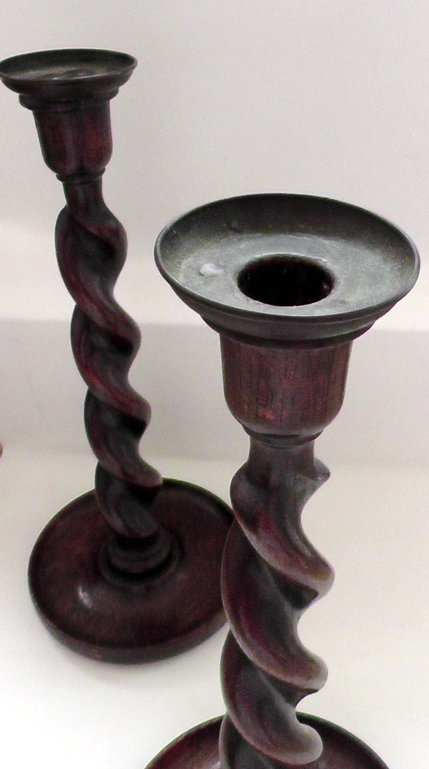 Pair of Arts & Crafts Oak Barley Twist Candlesticks Circa 1910