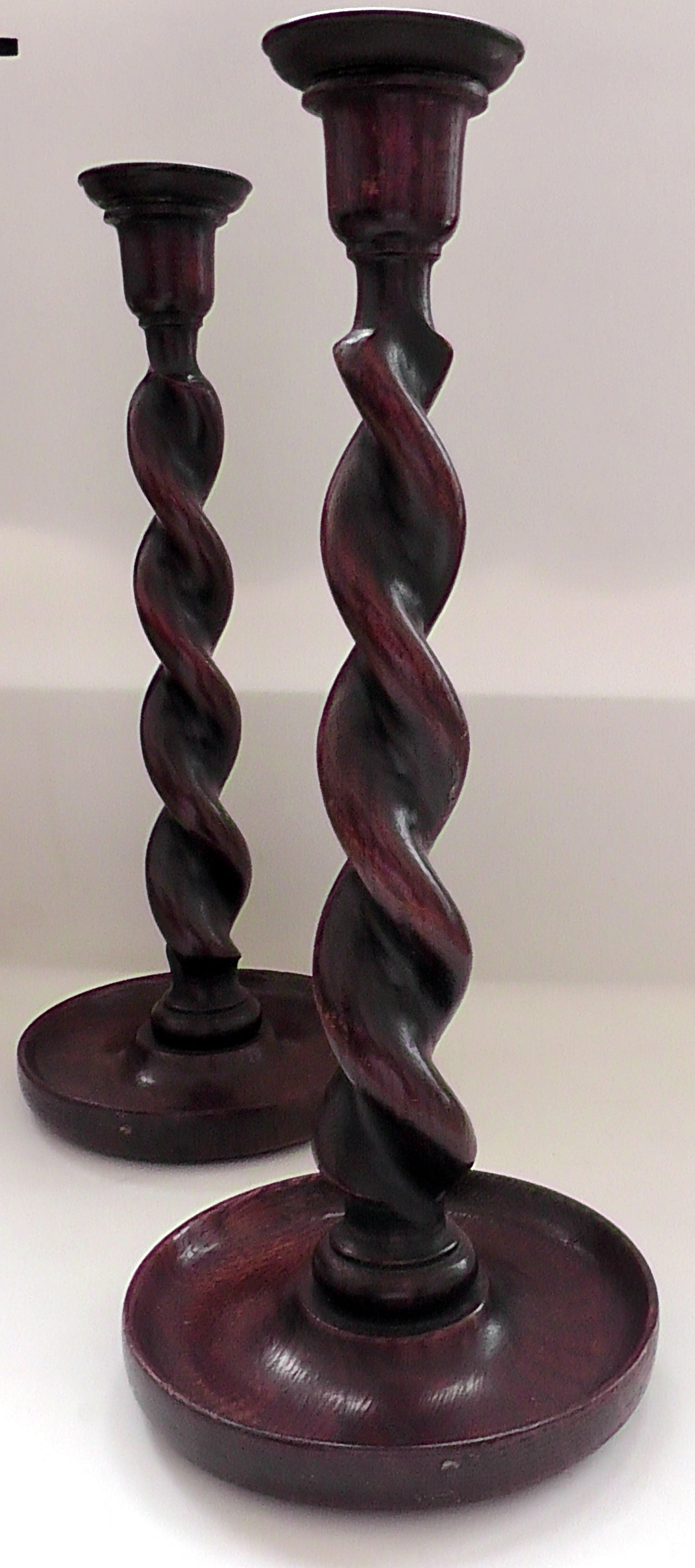 Pair of Arts & Crafts Oak Barley Twist Candlesticks Circa 1910