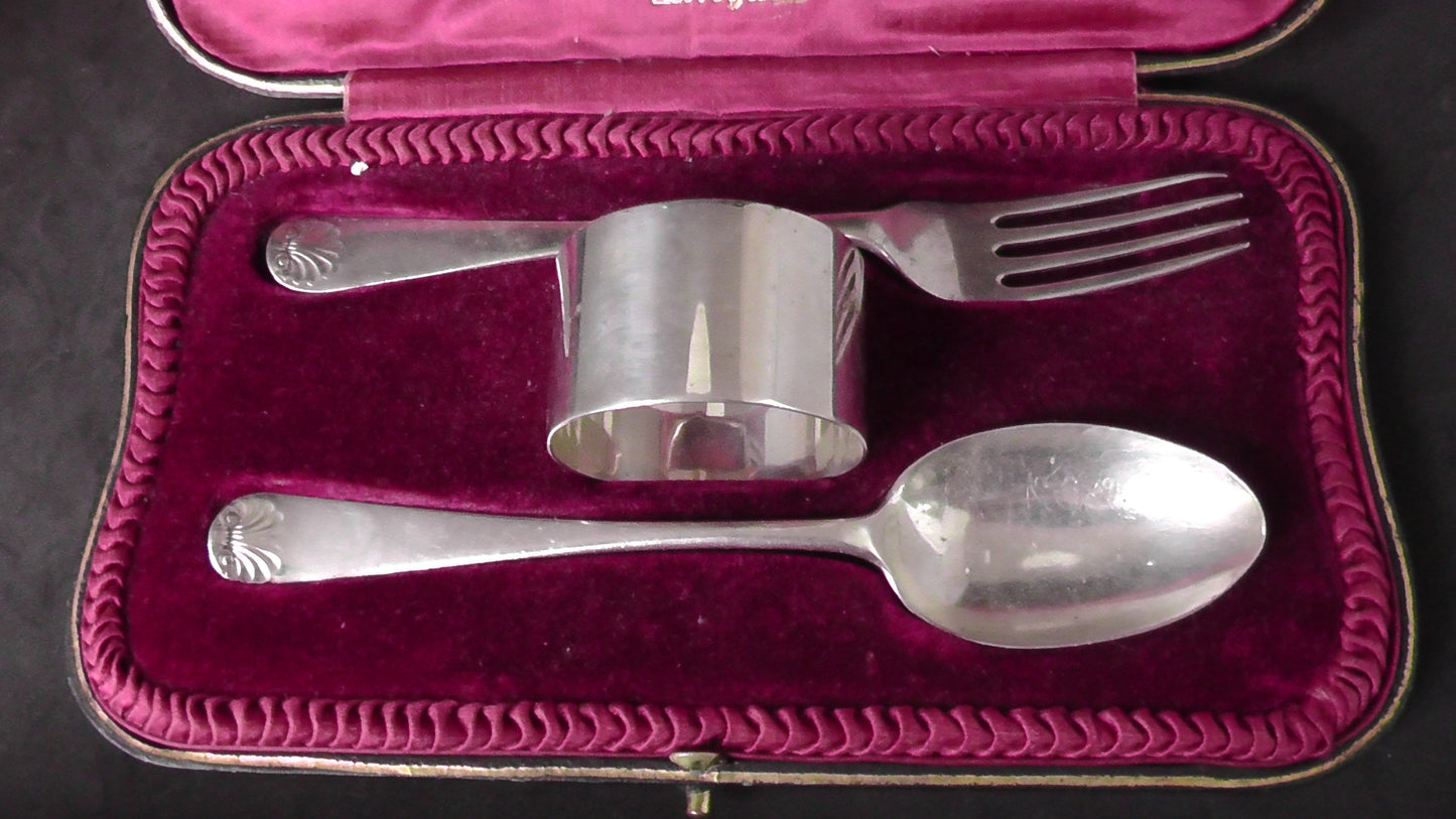 Solid Silver Cased 3 Piece Christening Set dates 1917