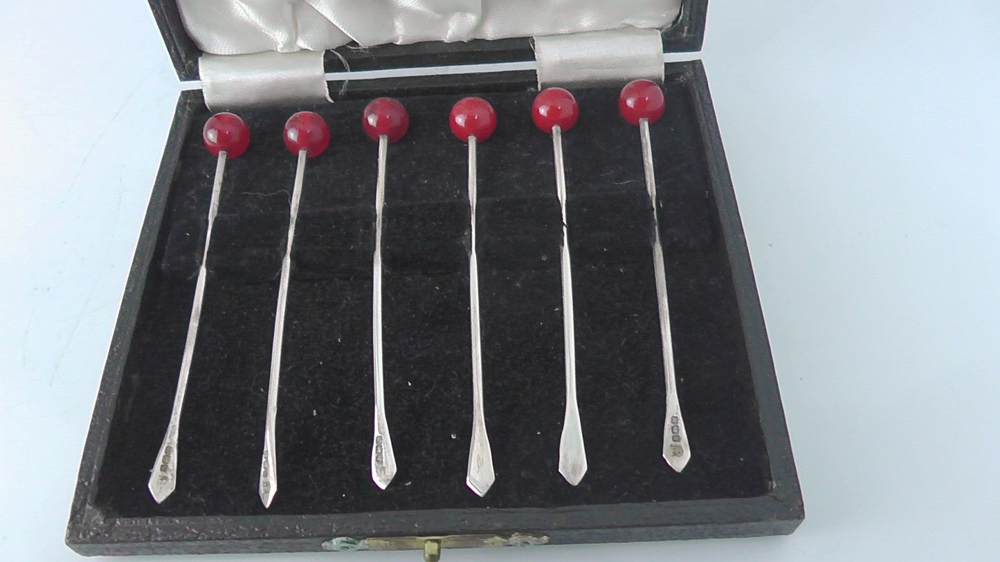 Solid Silver and Red Bakelite Art Decor Cocktails Sticks - Boxed - Dates 1936