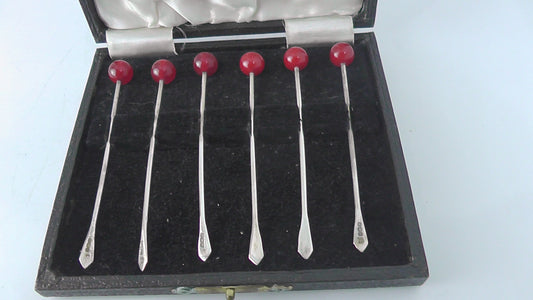 Solid Silver and Red Bakelite Art Decor Cocktails Sticks - Boxed - Dates 1936