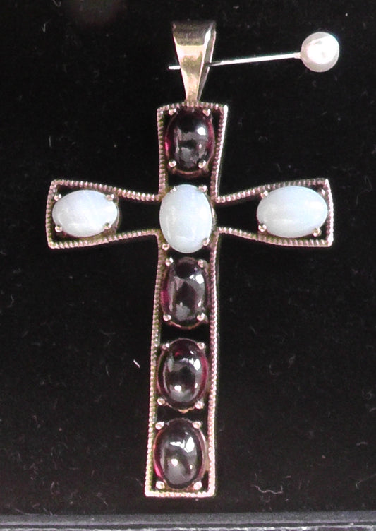 Large 9ct Gold Cabochon Opal and Garnet Cross