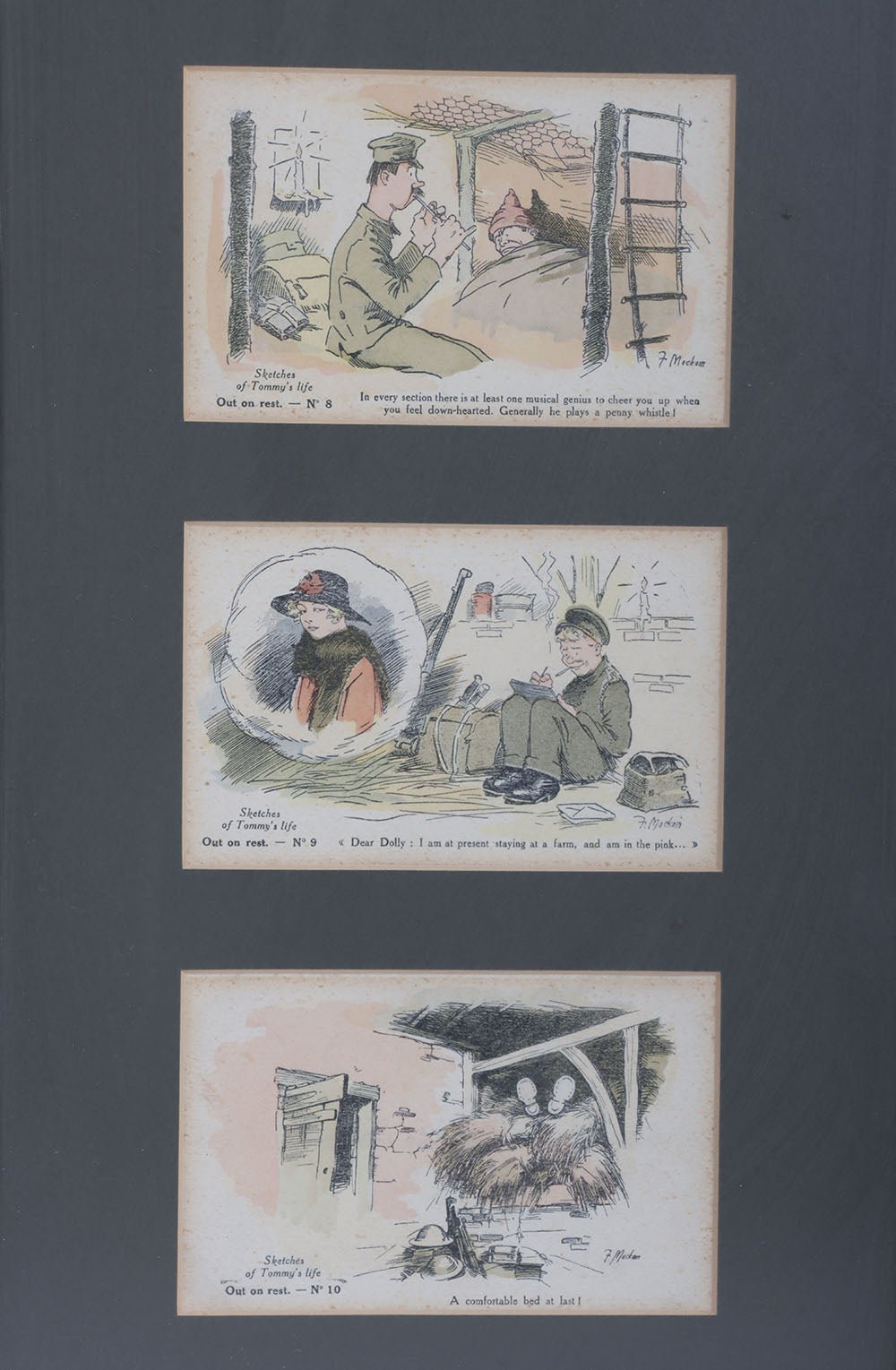 Framed WW1 Sketches of Tommys Life Postcards by Fergus Mackain (4th Set - Out on Rest)
