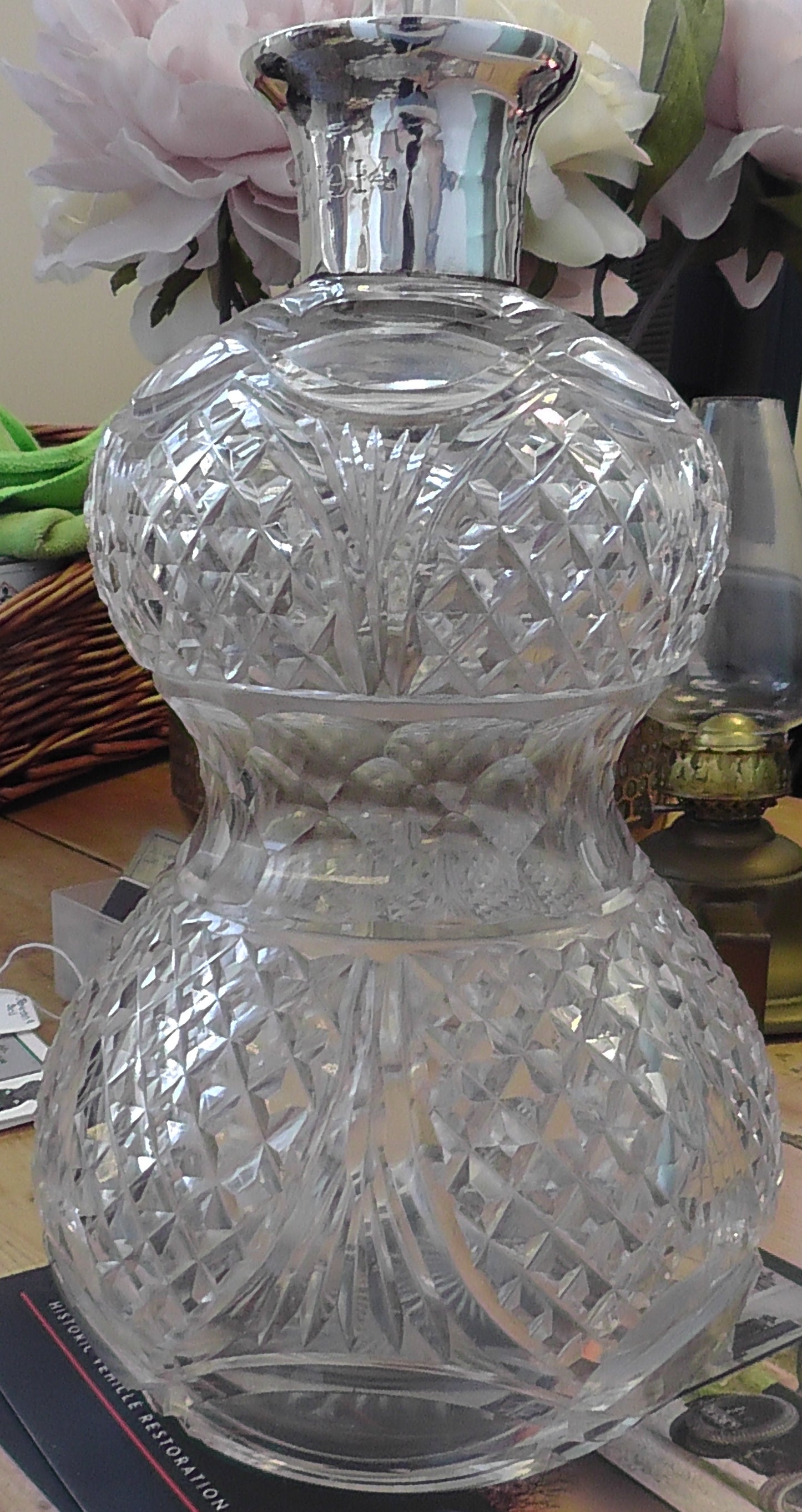 Silver Rimmed Heavy Cut Glass Waisted Decanter dates 1912 - Stephenson & Sons