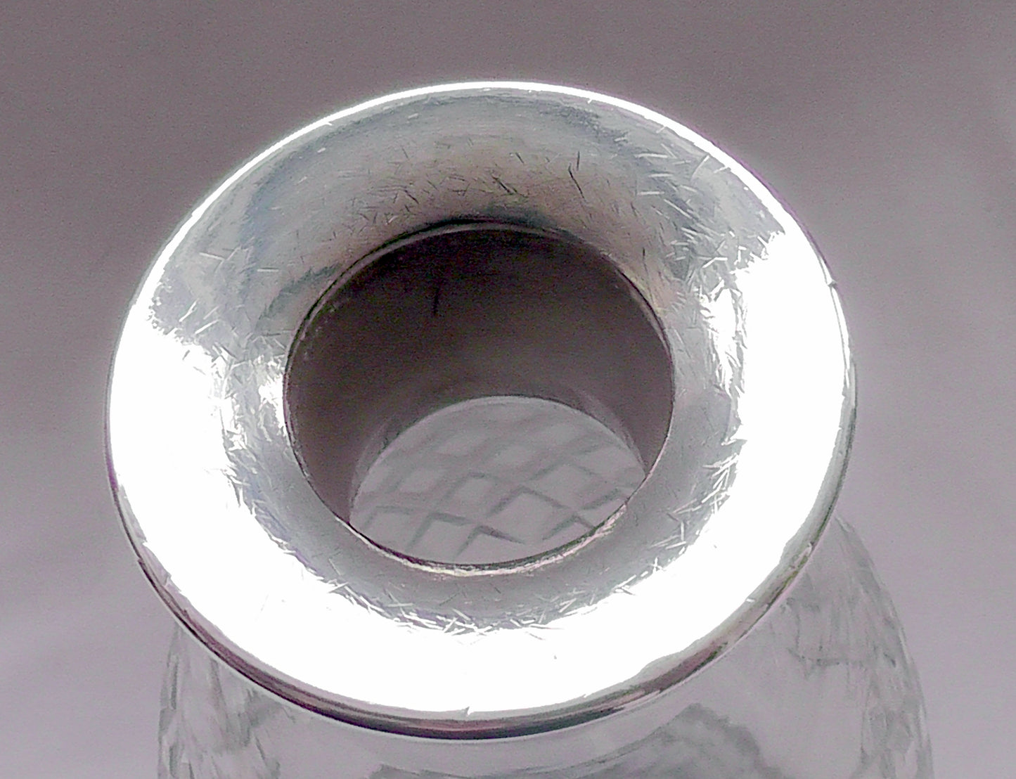 Silver Rimmed Heavy Cut Glass Decanter dates 1924 - Hukin & Heath