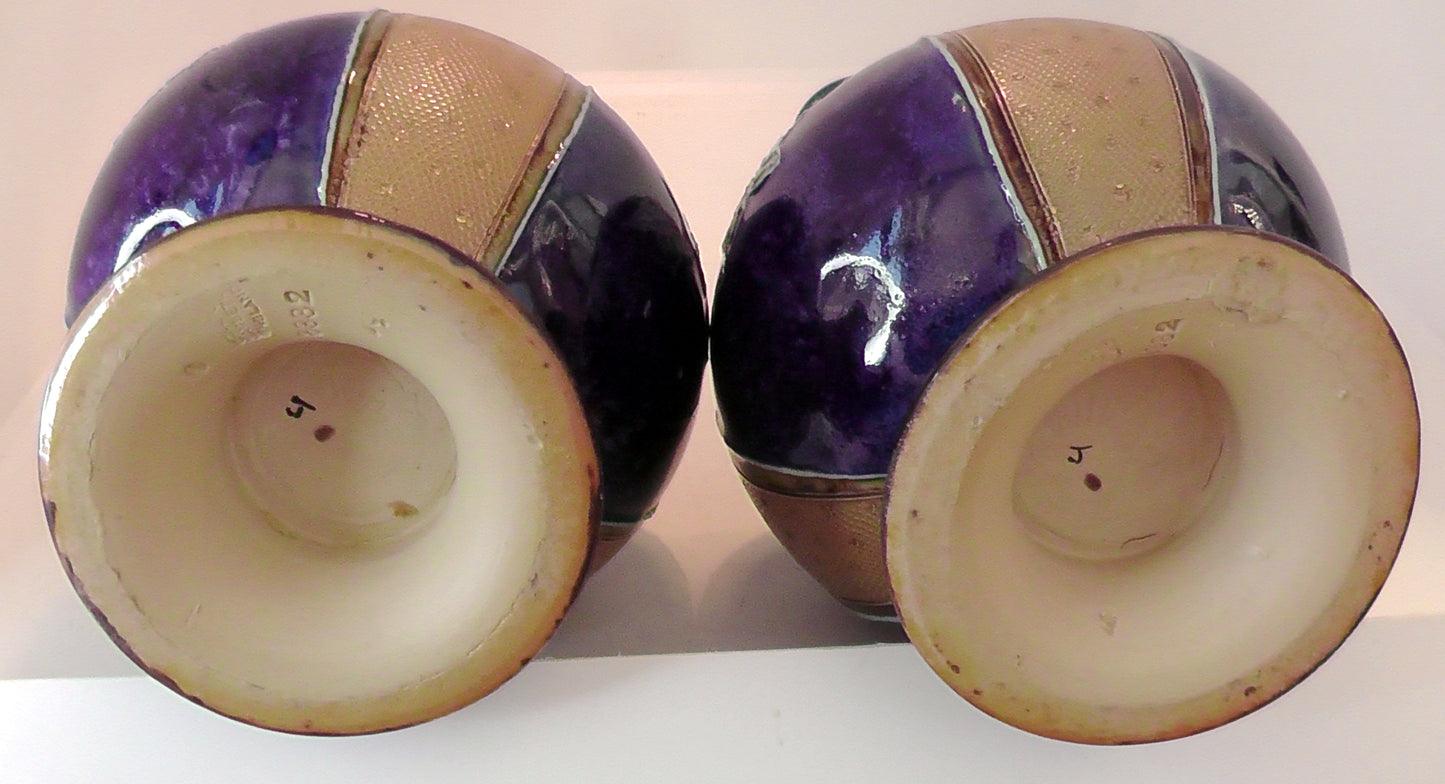 Pair of Tall Doulton Lambeth Stoneware Vases by Winnie Bowstead