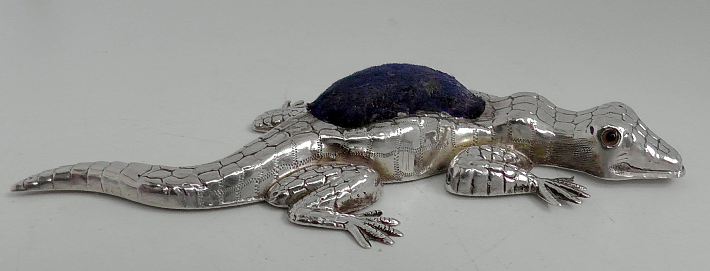 Antique Rare Solid Silver Lizard Pin Cushion by Crisford & Norris dates 1908