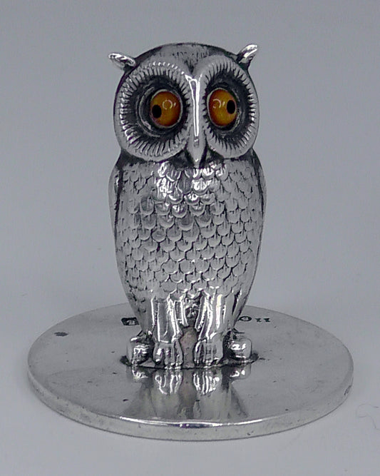 Solid Silver Owl Menu Holder Dates 1905 by Sampson Mordan