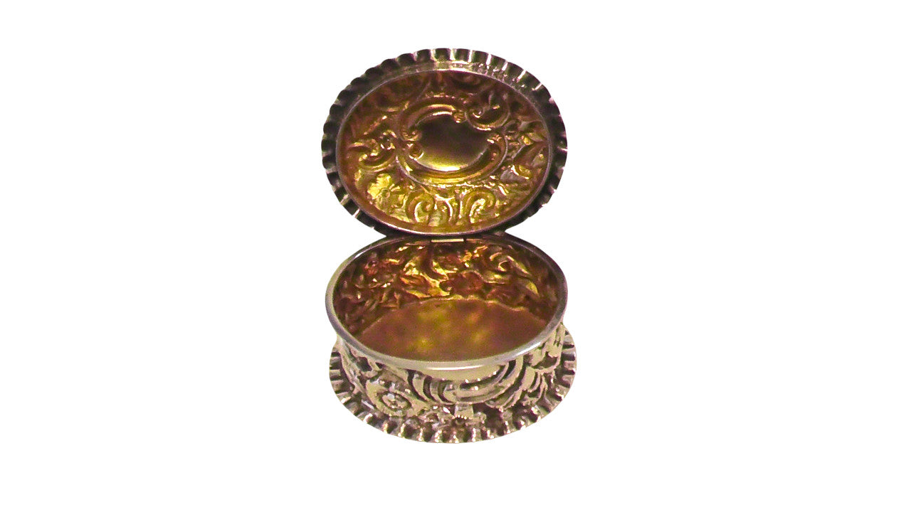 Victorian Solid Silver Oval Repousse Pill Box dates 1893