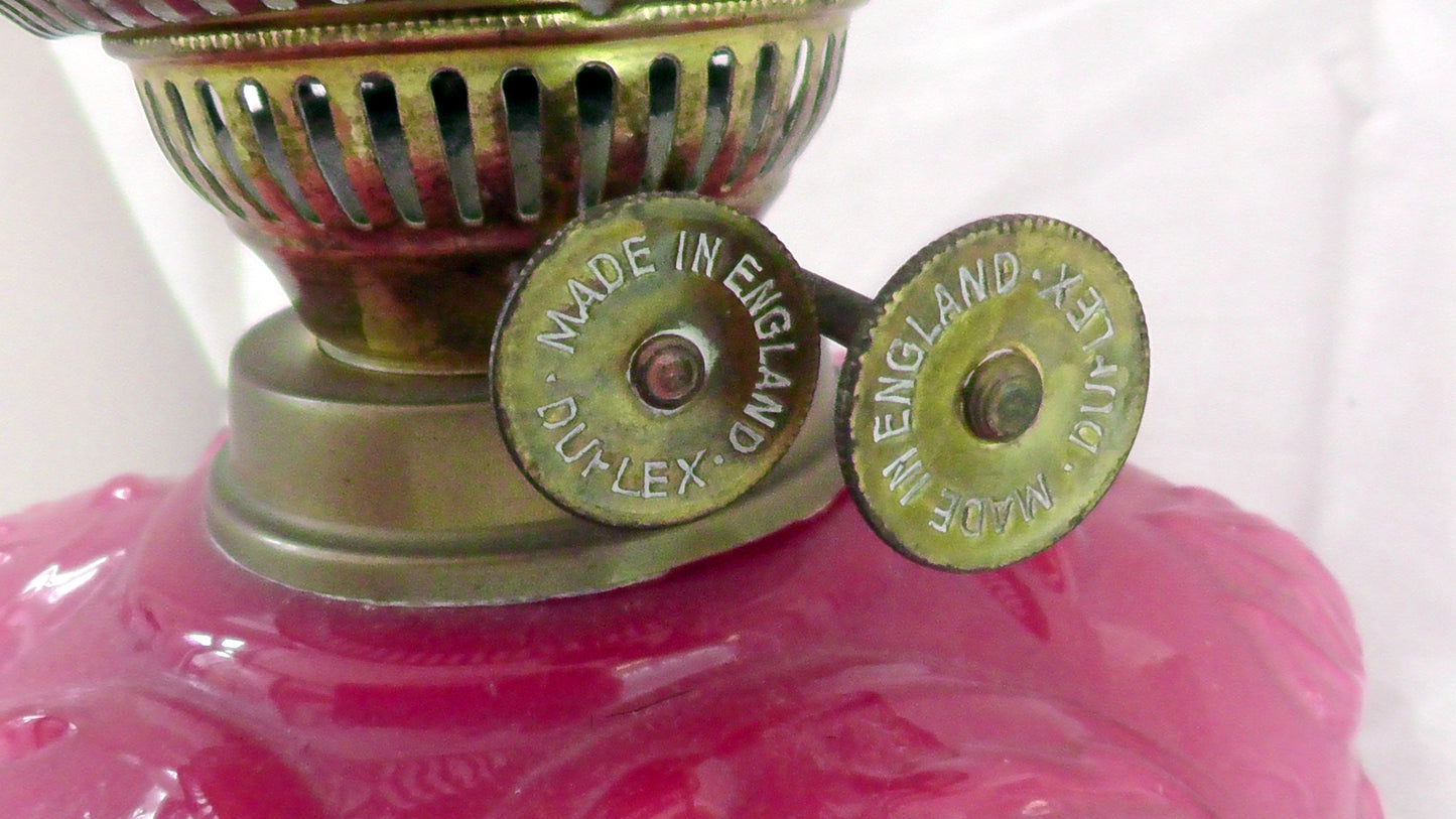 Stunning Art Nouveau Pink Milk Glass Bodied Oil Lamp