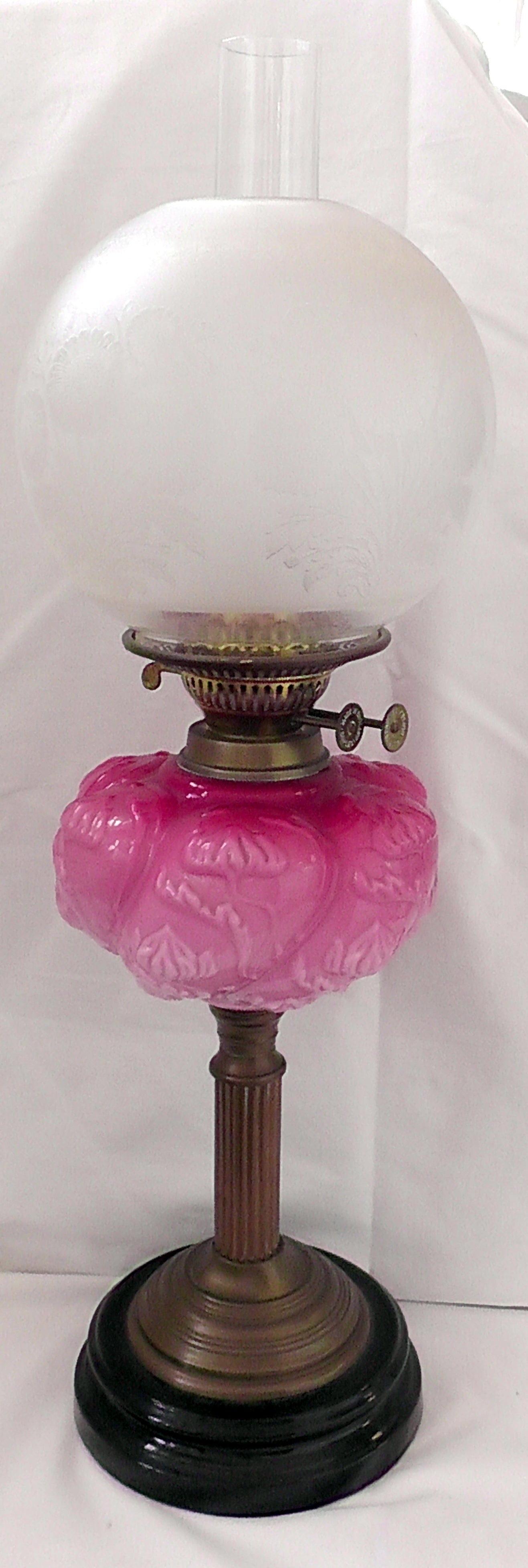 Stunning Art Nouveau Pink Milk Glass Bodied Oil Lamp