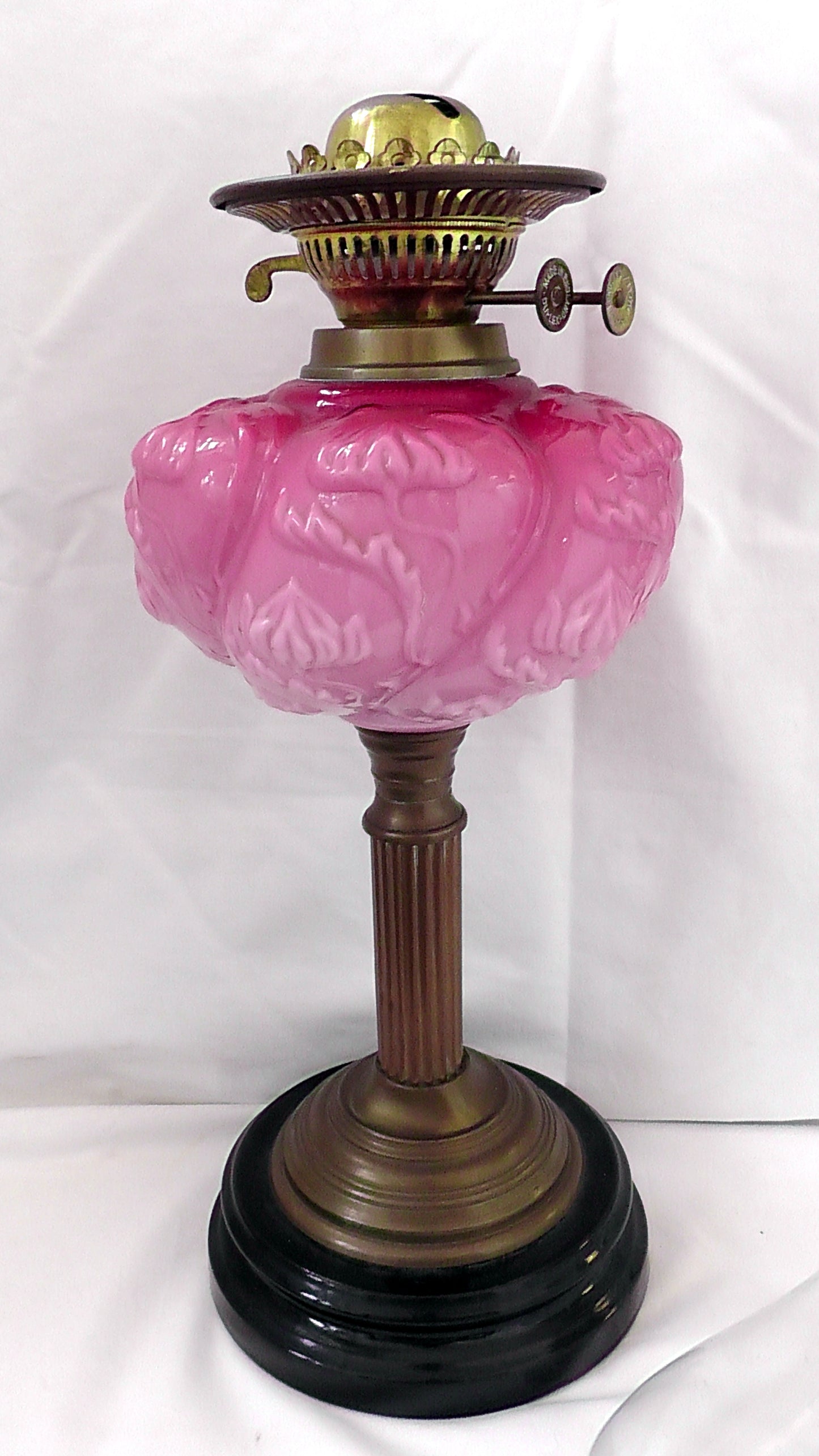 Stunning Art Nouveau Pink Milk Glass Bodied Oil Lamp