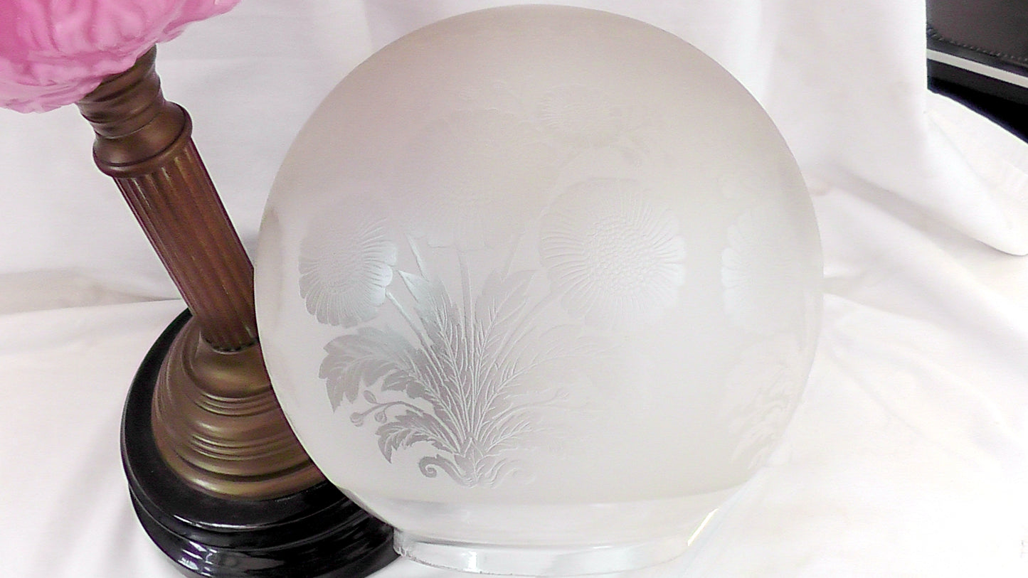 Stunning Art Nouveau Pink Milk Glass Bodied Oil Lamp