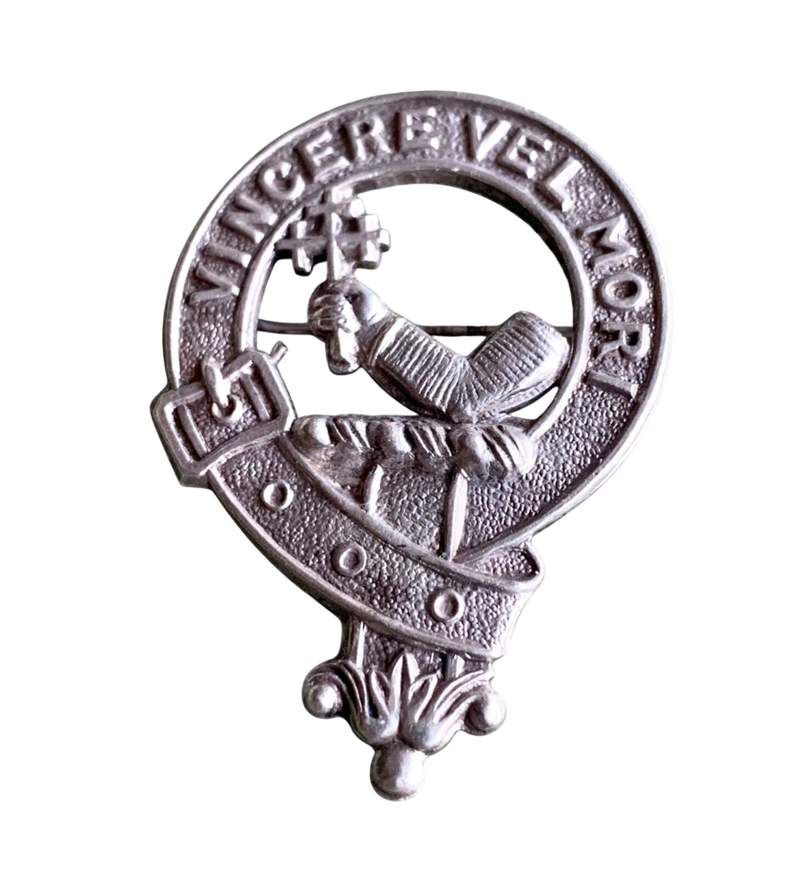 Vintage Scottish MacDowall Clan Badge - White Metal - Vincere Vel Mori