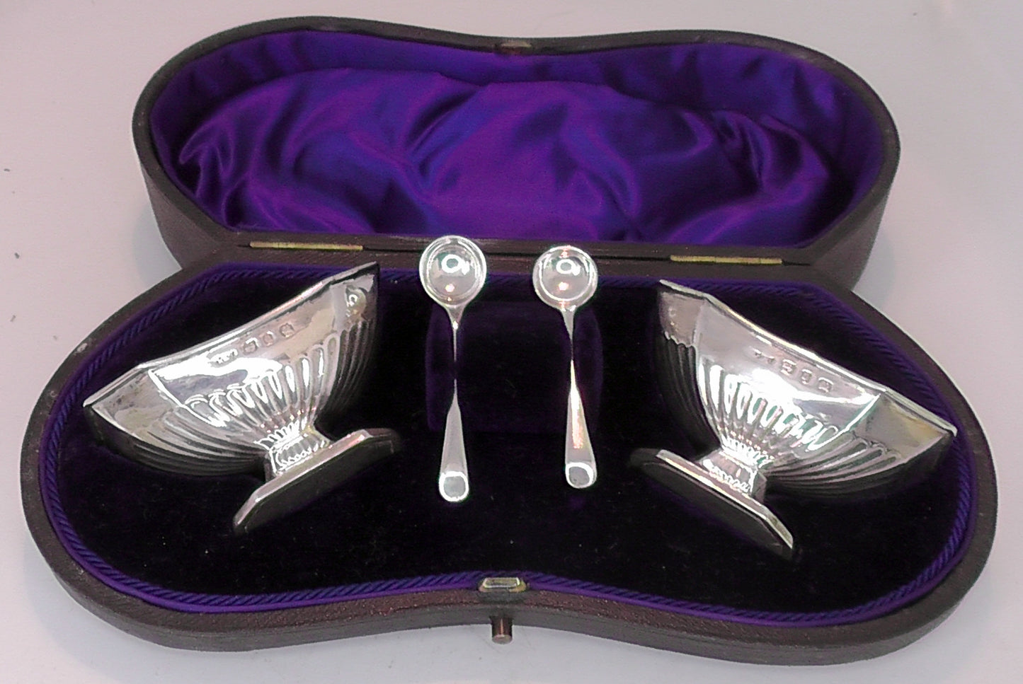 Cased Solid Silver Victorian Salts and Spoons - Date 1895