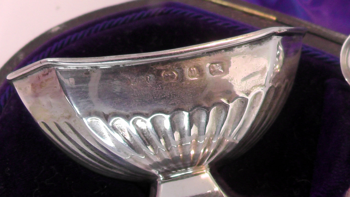 Cased Solid Silver Victorian Salts and Spoons - Date 1895