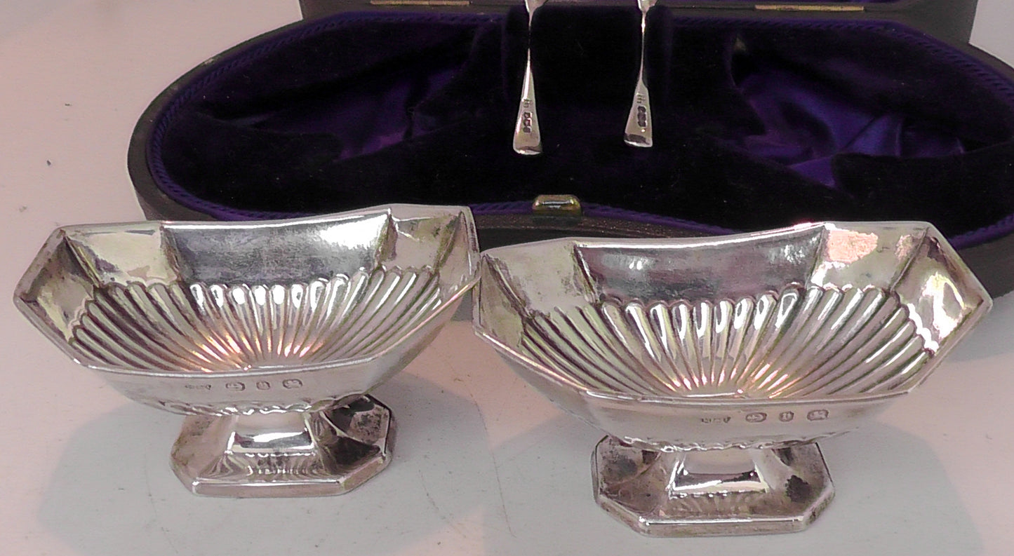Cased Solid Silver Victorian Salts and Spoons - Date 1895