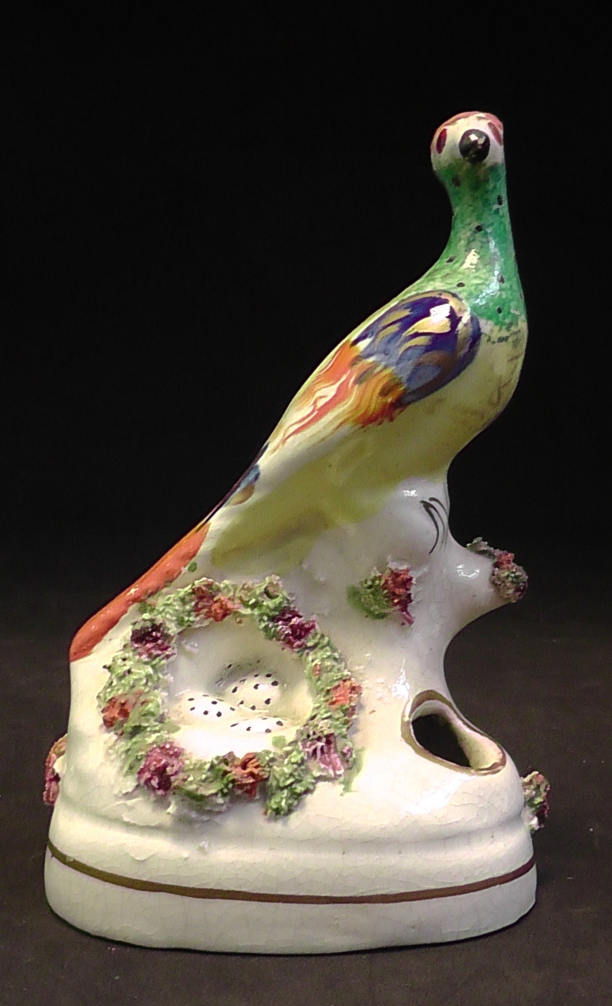 Antique Staffordshire Flatback Exotic Bird Inkwell/Quill Rest