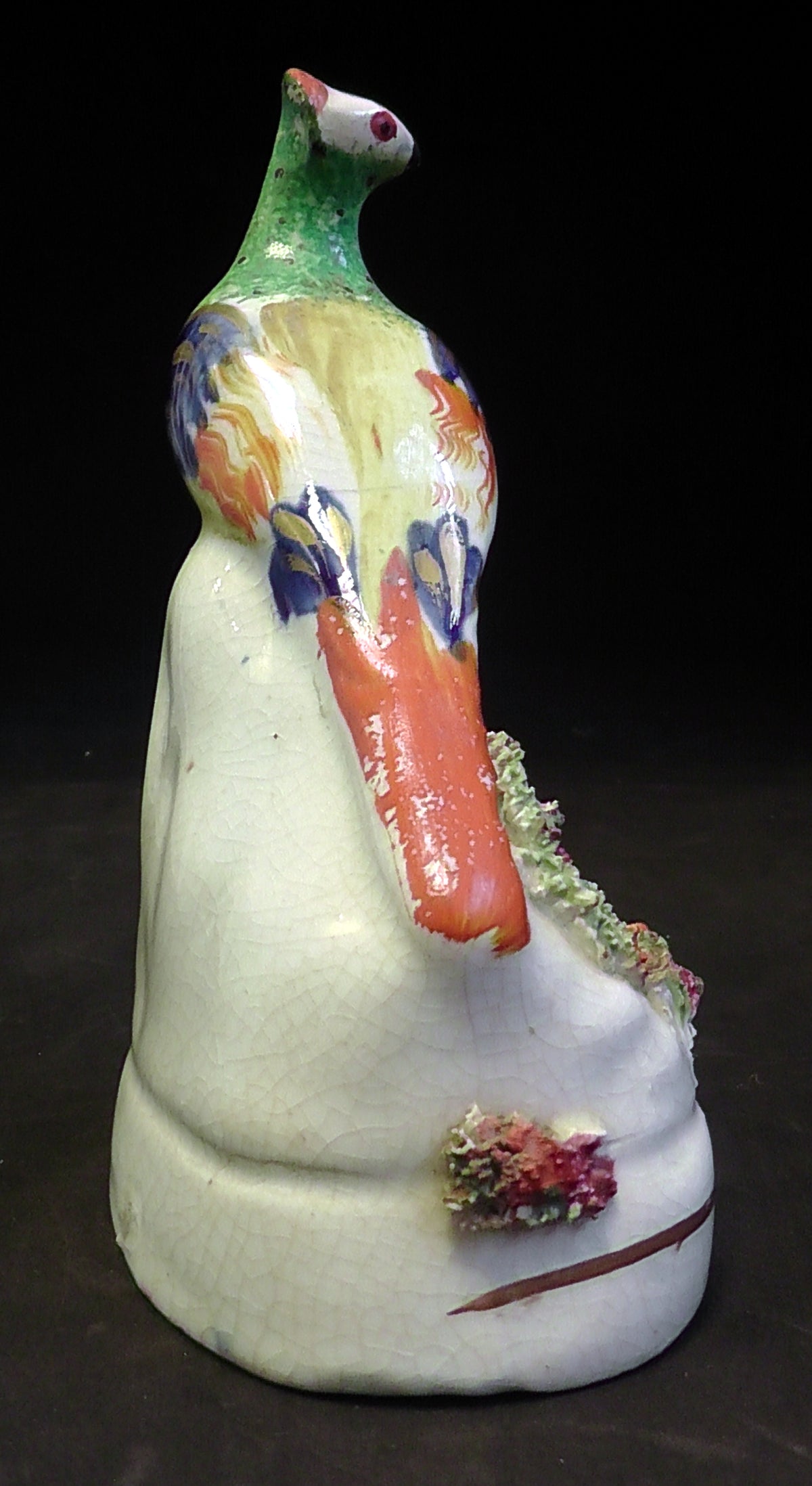 Antique Staffordshire Flatback Exotic Bird Inkwell/Quill Rest