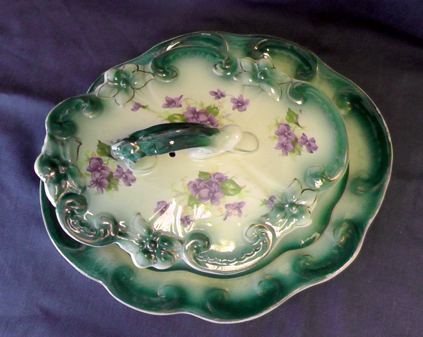 Staffordshire Large Teal and Violets Design Cheese Dish