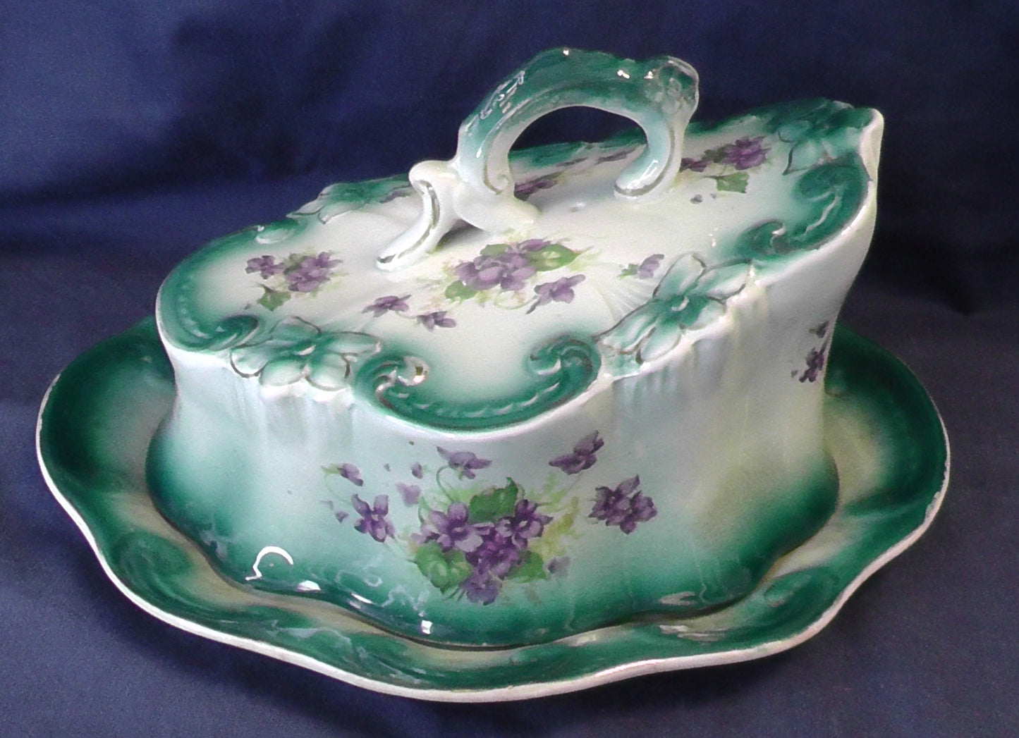 Staffordshire Large Teal and Violets Design Cheese Dish
