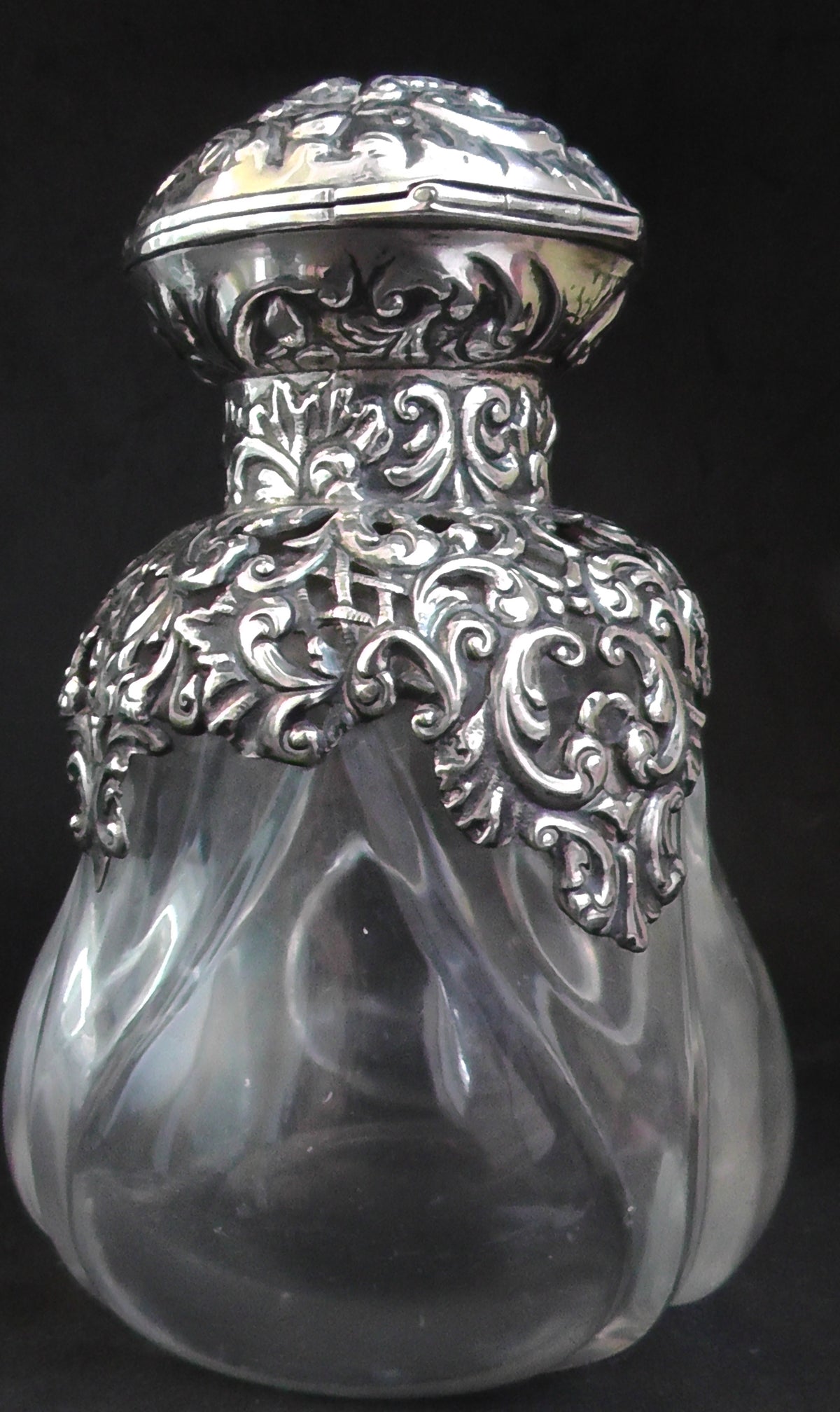 Large Silver Topped and Shouldered Lobed Glass Scent Bottle dates 1902