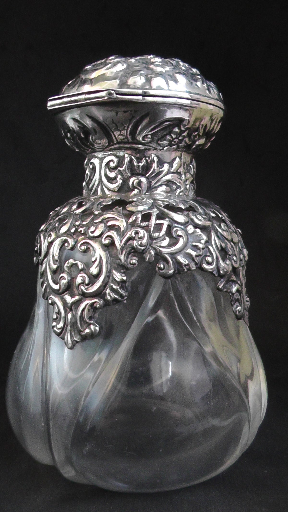 Large Silver Topped and Shouldered Lobed Glass Scent Bottle dates 1902
