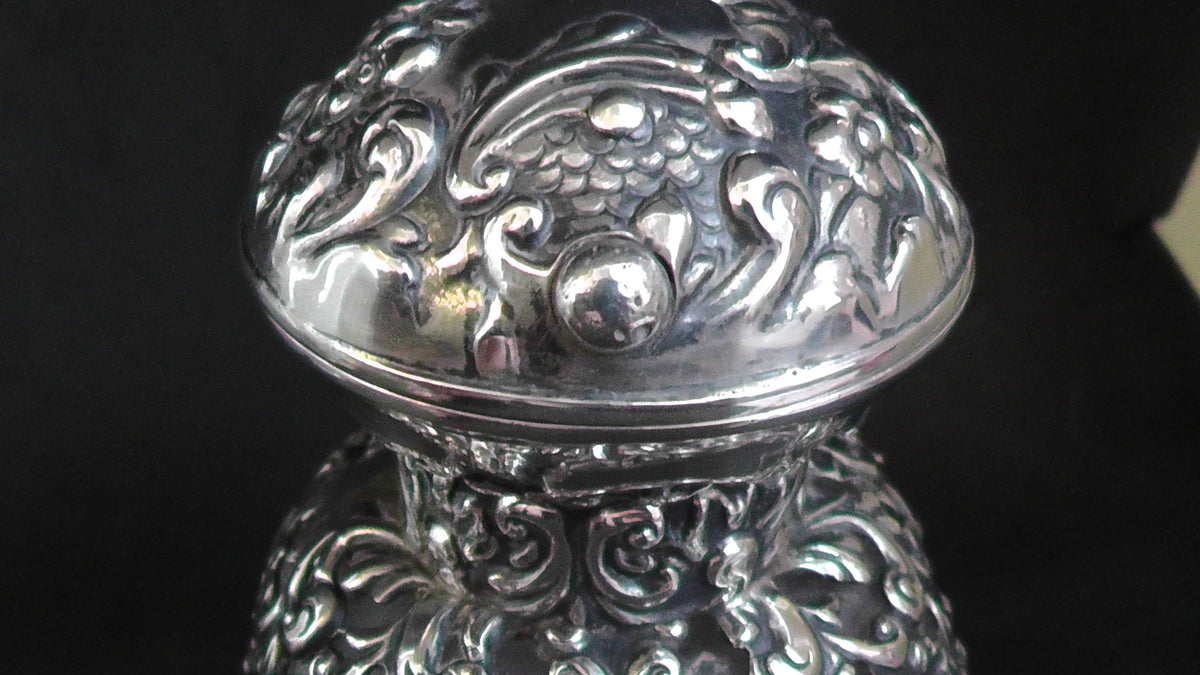 Large Silver Topped and Shouldered Lobed Glass Scent Bottle dates 1902