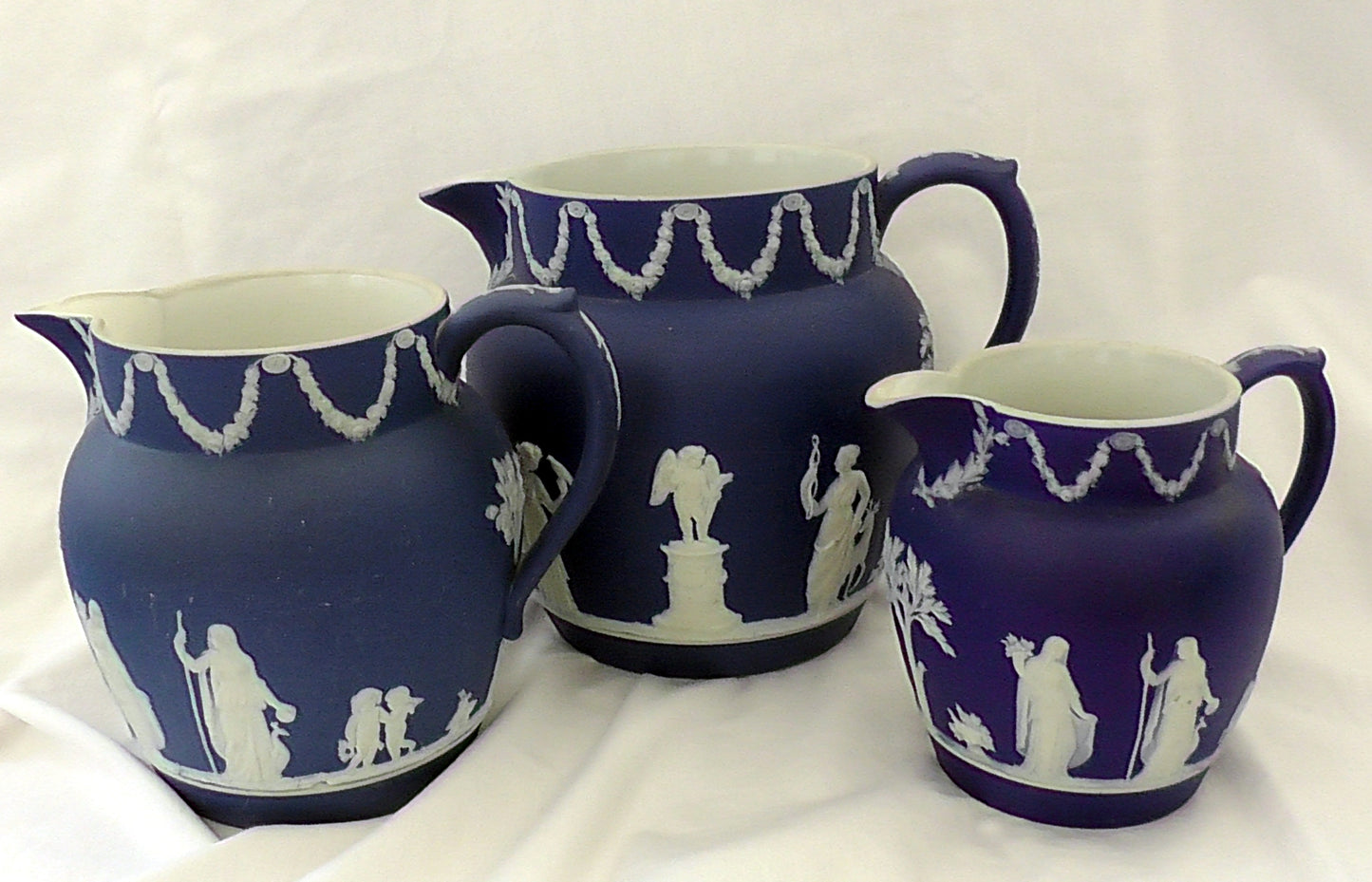 Vintage Graduated Set of 3 Wedgwood Dark Blue Jasperware Jugs