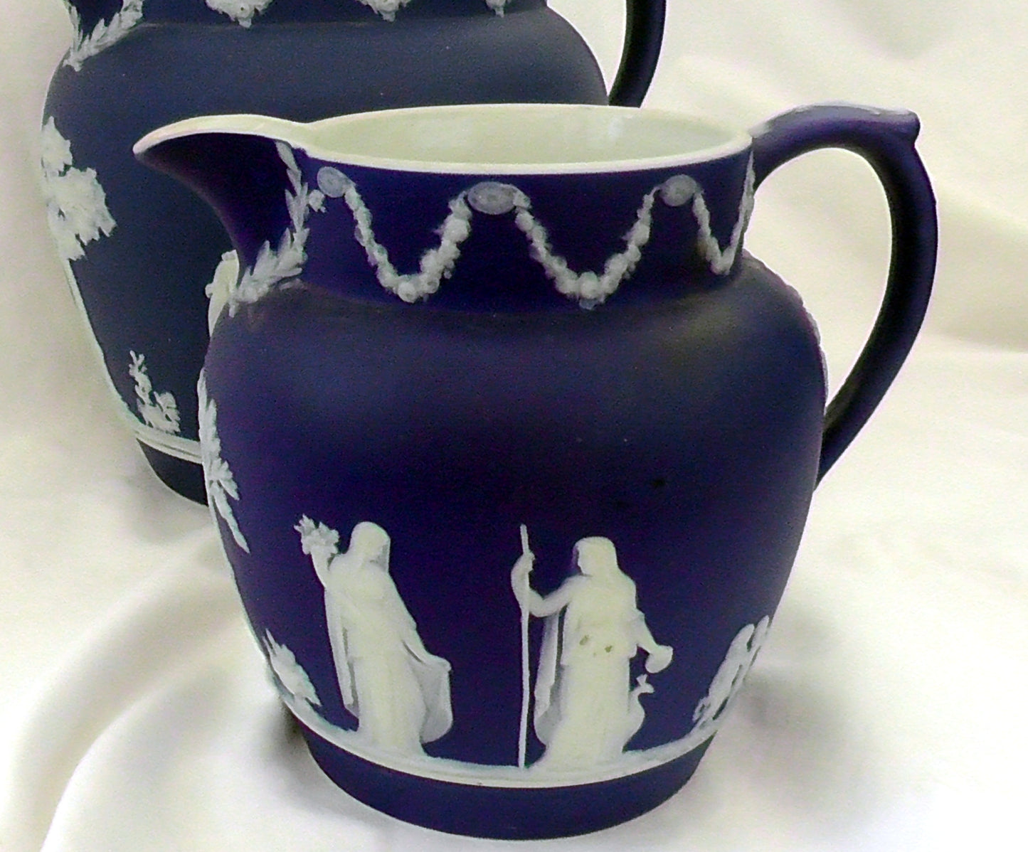 Vintage Graduated Set of 3 Wedgwood Dark Blue Jasperware Jugs