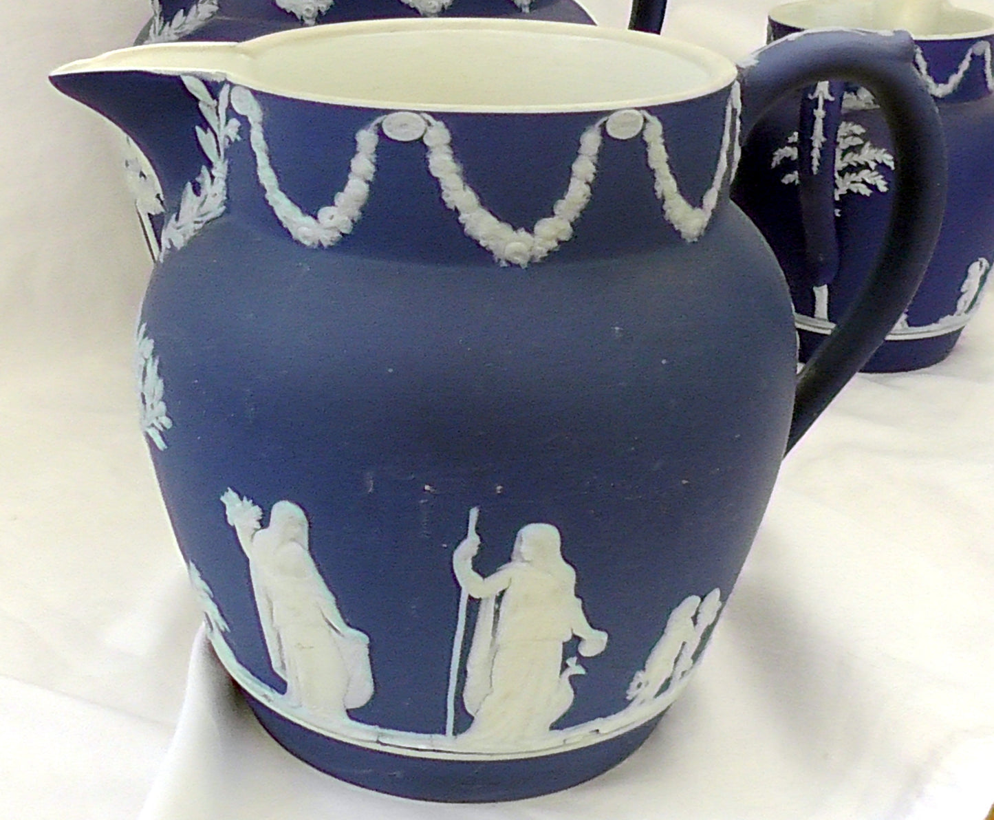 Vintage Graduated Set of 3 Wedgwood Dark Blue Jasperware Jugs